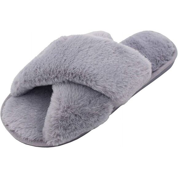 ASNY Shoes - ASNY Fiona Women Cross Band Slippers Soft Plush Furry Cozy Open Toe House Shoes,